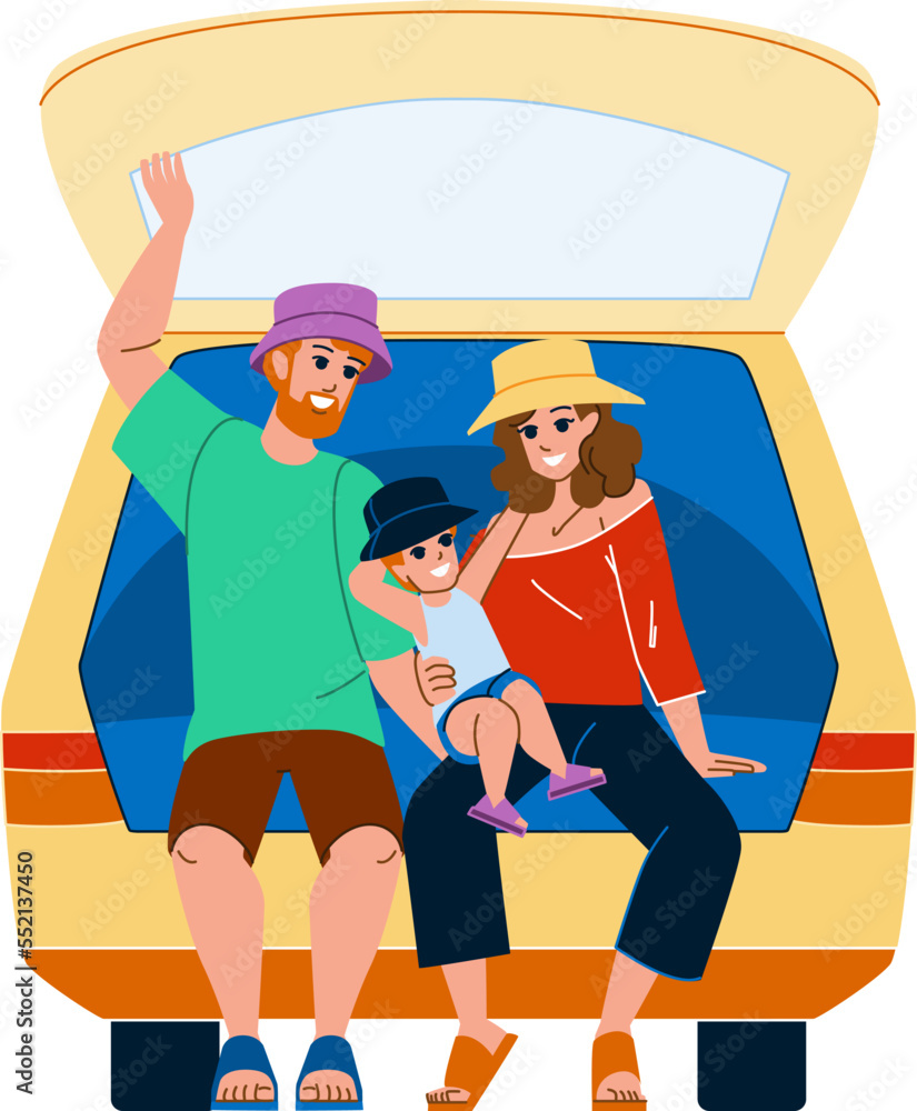 Fototapeta premium family trip vector. travel happy, holiday vacation, summer man, child woman, mother fun, lifestyle family trip character. people flat cartoon illustration