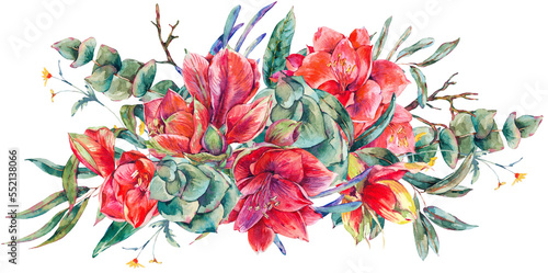 Watercolor red flowers bouquet, Amaryllis, eucalyptus, tropical leaves and succulents, botanical natural vintage illustration transparent png
