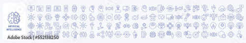 Artificial intelligence and Machine learning Icon set, including icons like system, computer, learning, algorithms, robot, bot, programming, computer, technology more. Vector illustrations