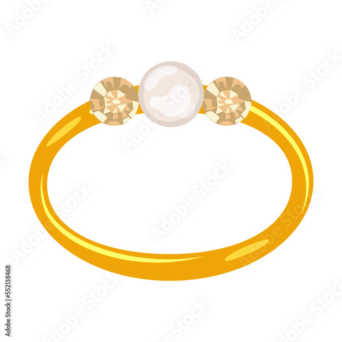 Wedding ring with pearls and emerald. Cartoon gold jewelry. Vector illustration of golden accessories with precious stones or pearls isolated on white