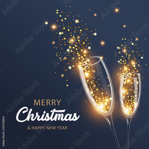 Papier peint New Year's Christmas card with two glasses of glitter on a tein blue background