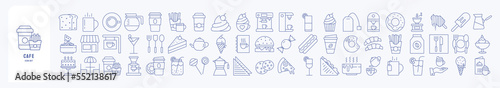 Cafe and Restaurant Icon set, including icons like cake, pizza, ice cream, french fries, coffee maker, Coffee, juice, menu and more. Vector illustrations,