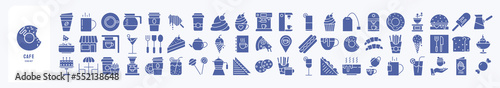 Cafe and Restaurant Icon set, including icons like cake, pizza, ice cream, french fries, coffee maker, Coffee, juice, menu and more. Vector illustrations,