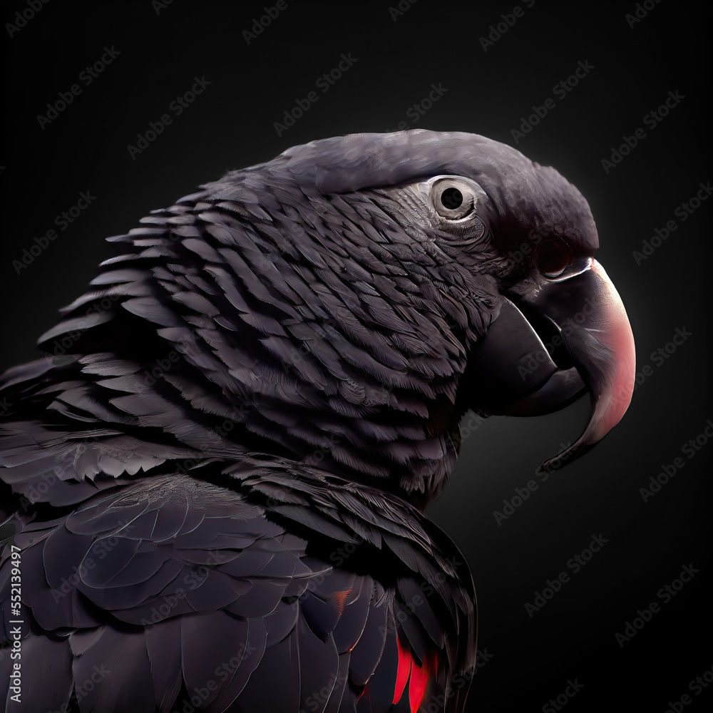 Fototapeta premium Close up photos of impressive black parrots over black background, Generative AI