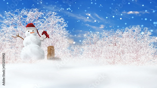 snowman ,winter landscape blue sky trees covered by snow ,white clouds in heart symbol ,snowflakes fall Christmas wonderland ,banner template ,background