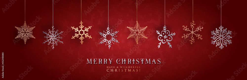 Merry Christmas and new year holiday banner with snowflakes and luxury silver typography. Xmas elements on red background. Stock vector illustration poster, cover, social media template, website