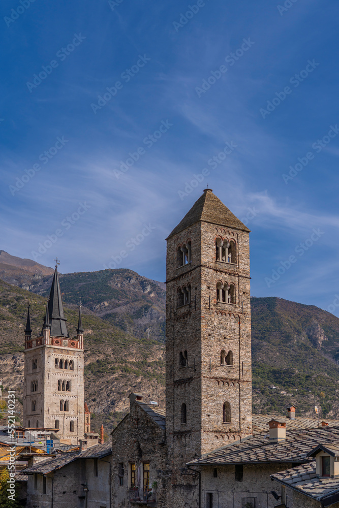Town view with the two towers at the Cathedral in Susa in Piedmont