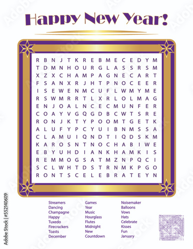 Happy New Year Word Search Puzzle Game with Answer Key