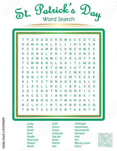 St Patrick's Day Word Search Puzzle Game with Answer Key
