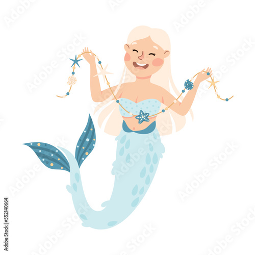Mermaid with Wavy Hair Floating Underwater with Necklace Vector Illustration