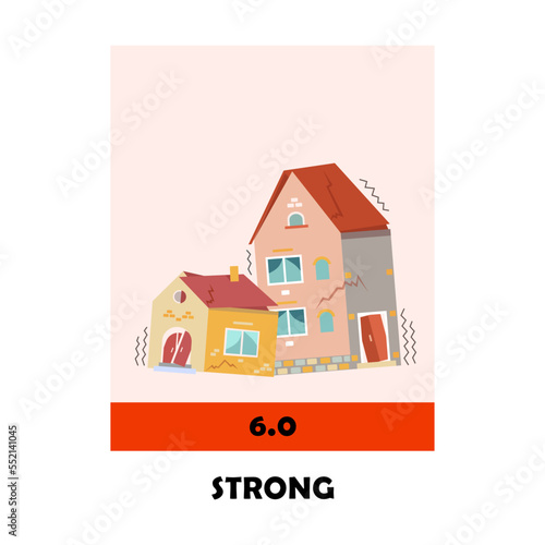 Strong earthquake magnitude scale vector illustration. Level or intensity of seismic activity isolated on white background