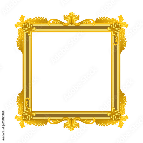 Vintage gold mirror frame cartoon illustration. Old ornate rococo or retro blank frame for paintings, pictures or photos