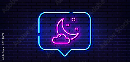 Neon light speech bubble. Night weather line icon. Moon with cloud sign. Sleep symbol. Neon light background. Night weather glow line. Brick wall banner. Vector