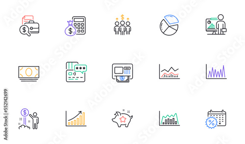 Teacher, Graph chart and Trade infochart line icons for website, printing. Collection of Atm, Card, Cash money icons. Loyalty points, Line graph, Income money web elements. Vector