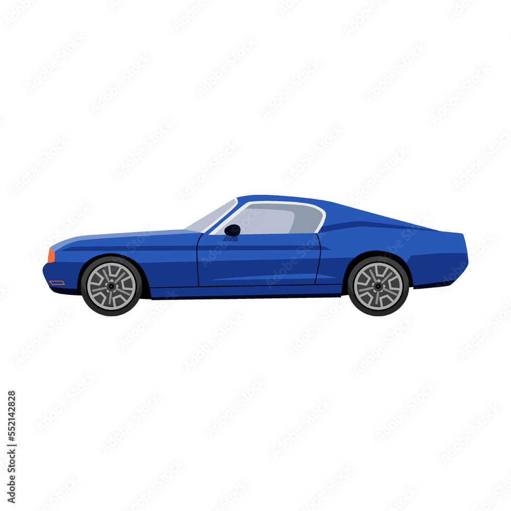 Sports blue roadster. Side view of car model flat vector illustration. Auto, SUV, hatchback, sedan, pickup, convertible isolated on white background
