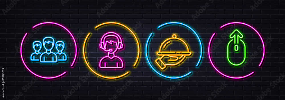 Naklejka premium Restaurant food, Group and Consultant minimal line icons. Neon laser 3d lights. Swipe up icons. For web, application, printing. Room service, Group of people, Call center. Scrolling page. Vector