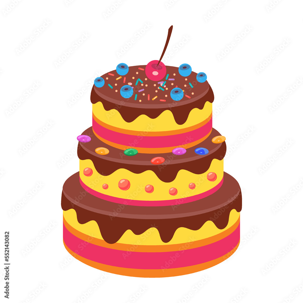 Tiered Glazed Cake. Cute birthday party element vector illustration. Cake, cupcakes, confetti, balloon, gifts for kids isolated on white background Tiered Glazed Cake. Cute birthday party element vector illustration. Cake, cupcakes, confetti, balloon, gifts for kids isolated on white background