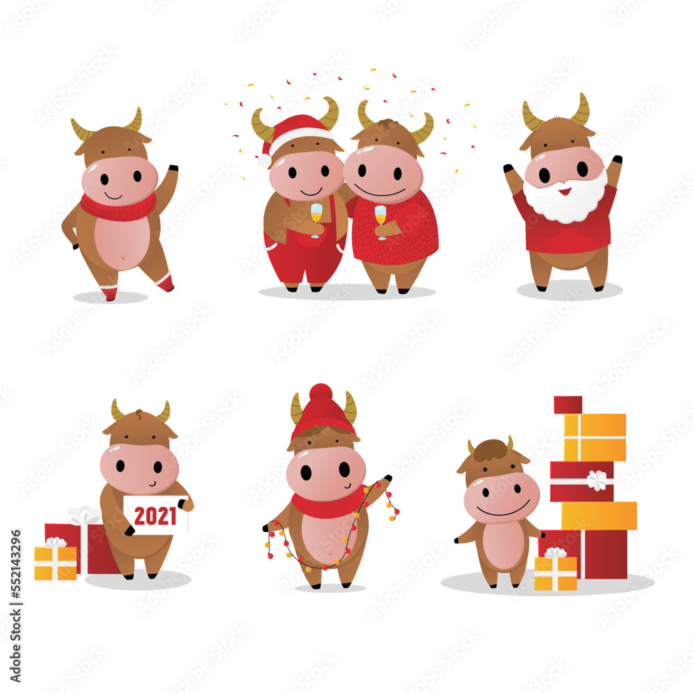 Naklejka premium Set of cute cartoon cows wearing medical mask and Christmas costume and holding garland. Hand drawn vector illustration. Isolated on white