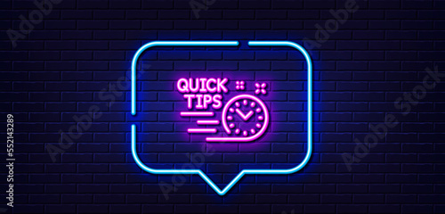 Neon light speech bubble. Quick tips line icon. Helpful tricks sign. Tutorials symbol. Neon light background. Quick tips glow line. Brick wall banner. Vector