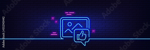 Neon light glow effect. Like photo line icon. Thumbs up sign. Positive feedback, social media symbol. 3d line neon glow icon. Brick wall banner. Like photo outline. Vector