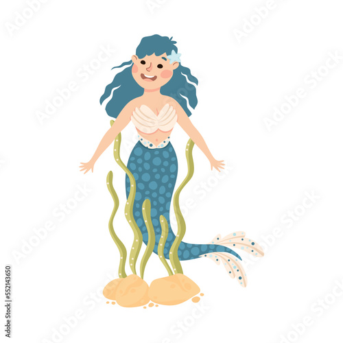 Mermaid with Wavy Hair Floating Underwater Among Algae Vector Illustration