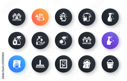 Minimal set of Dont touch, Cleaning spray and Dirty t-shirt flat icons for web development. Sponge, Coronavirus spray, Washing cloth icons. Washing cleanser, Clean bubbles. Vector