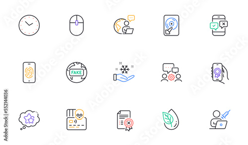 Award app, Fingerprint and Phone survey line icons for website, printing. Collection of Time, Engineering team, Computer mouse icons. Freezing, Reject certificate, Cyber attack web elements. Vector