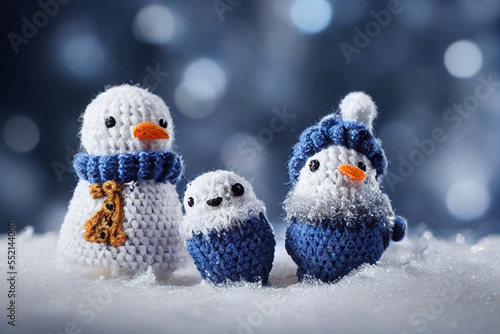 Adorable knitted Christmas snowmen, digital art photo