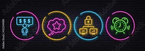 Loyalty star, Employee benefits and Lock minimal line icons. Neon laser 3d lights. Time management icons. For web, application, printing. Bonus reward, Salary man, Network security. Vector