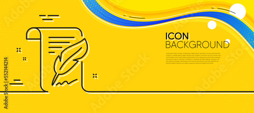 Feather signature line icon. Abstract yellow background. Copywriting sign. Feedback symbol. Minimal feather line icon. Wave banner concept. Vector