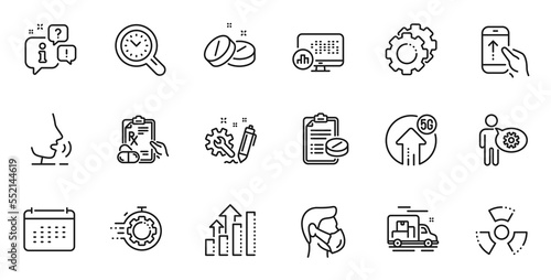 Outline set of Seo timer, Medical prescription and Analysis graph line icons for web application. Talk, information, delivery truck outline icon. Vector