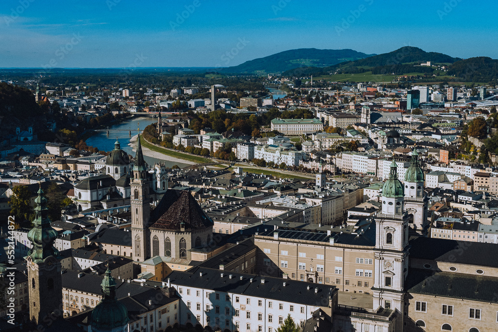 Panoramic View of Salzburg Austria in Europe with the Salzach river