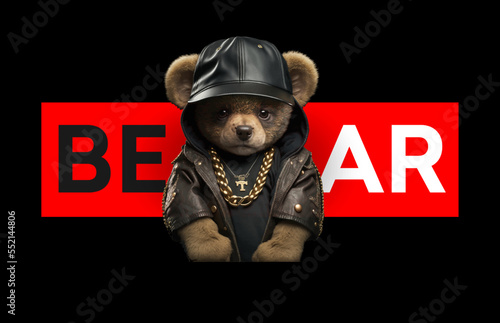 Cute, funny teddy bear in a cap and with a chain on a black background. Gangster kars slogan with a bear doll. Vector illustration