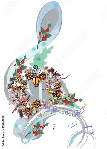 Winter music. Abstract winter treble clef decorated with Christmas wreath, holy and snow. Hand drawn vector illustration.