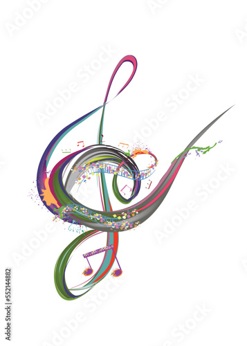 Abstract musical design with a treble clef and colorful splashes, notes and waves.  Colorful treble clef. Hand drawn vector illustration.