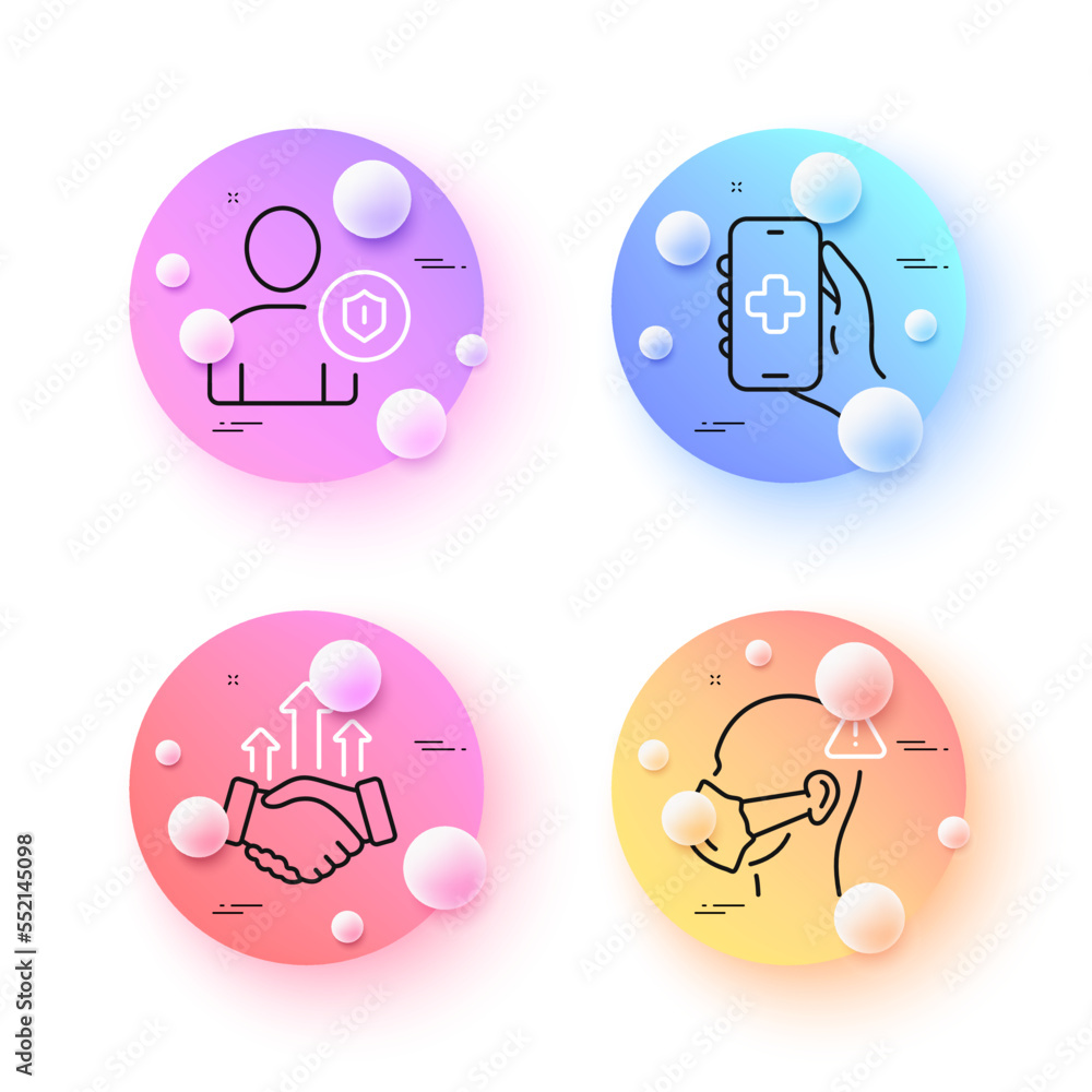 Security, Health app and Medical mask minimal line icons. 3d spheres or balls buttons. Deal icons. For web, application, printing. Person protection, Healthcare phone, Face respirator. Vector Security, Health app and Medical mask minimal line icons. 3d spheres or balls buttons. Deal icons. For web, application, printing. Person protection, Healthcare phone, Face respirator. Vector