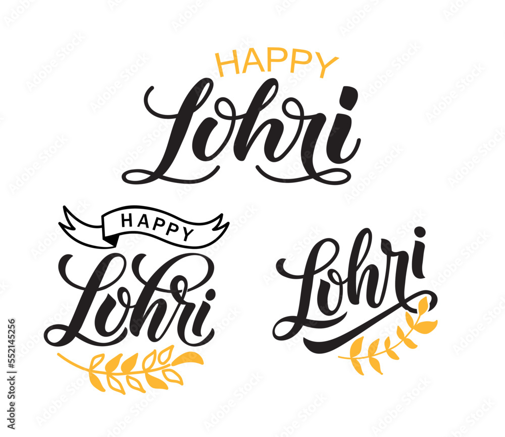 Happy Lohri handwritten text. Modern brush calligraphy, hand lettering typography.Set of three cector illustration for Punjabi festival as flyer, poster, banner, greeting card, invitation template