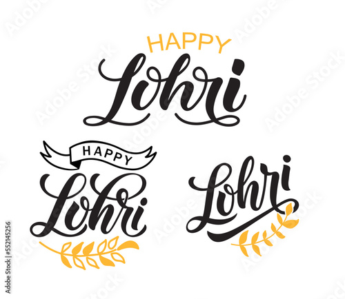 Happy Lohri handwritten text. Modern brush calligraphy, hand lettering typography.Set of three cector illustration for Punjabi festival as flyer, poster, banner, greeting card, invitation template