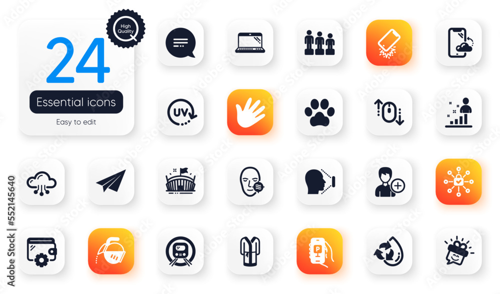 Set of Business flat icons. Hand, Wallet and Parking app elements for web application. Smile, Recycle water, Scroll down icons. Dog paw, Equality, Stats elements. Uv protection, Face id. Vector Set of Business flat icons. Hand, Wallet and Parking app elements for web application. Smile, Recycle water, Scroll down icons. Dog paw, Equality, Stats elements. Uv protection, Face id. Vector