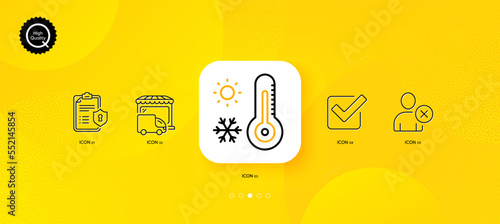 Delivery truck, Weather thermometer and Delete user minimal line icons. Yellow abstract background. Checkbox, Privacy policy icons. For web, application, printing. Vector