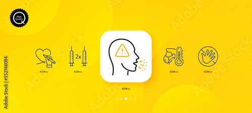 Sick man, Coronavirus vaccine and Do not touch minimal line icons. Yellow abstract background. Cough, Social care icons. For web, application, printing. Vector