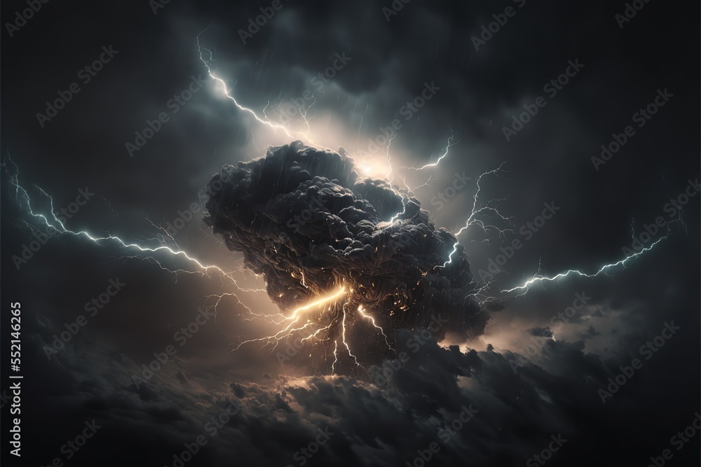 A stormy dark sky with black clouds and sparkling lightning from behind ...