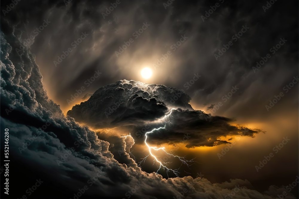 A stormy dark sky with black clouds and sparkling lightning from behind ...