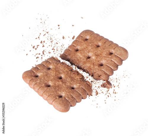 Obraz na plátně Delicious biscuit crushed into two halves in the air close-up