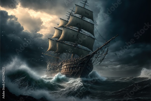 A medieval ship is caught in a storm in the ocean. AI