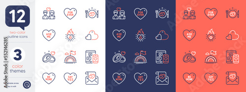 Set of Ask me, Lgbt and Say yes line icons. Include Be mine, Couple love, For ever icons. Heart flame, Marriage rings, Social media web elements. Romantic dinner, Love letter, Care. Vector