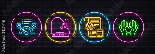 No internet, Settings blueprint and Piano minimal line icons. Neon laser 3d lights. Hold heart icons. For web, application, printing. Bandwidth meter, Report document, Fortepiano. Friendship. Vector