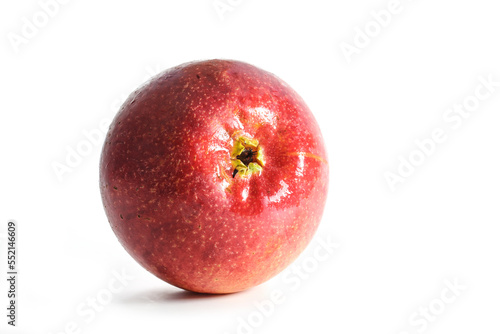 Fresh organic red apple lying on side, visible blossom and water drops on the skin, isolated with shadow on a white background, copy space