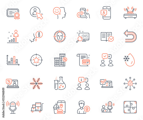 Technology icons set. Included icon as Face detect, Chemistry flask and Certificate web elements. Puzzle, Ab testing, Interview icons. Person idea, Online survey, Wifi web signs. Undo. Vector