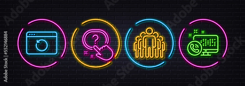 Recovery internet, Group and Question button minimal line icons. Neon laser 3d lights. Web call icons. For web, application, printing. Backup info, Managers, Quiz. Phone support. Vector